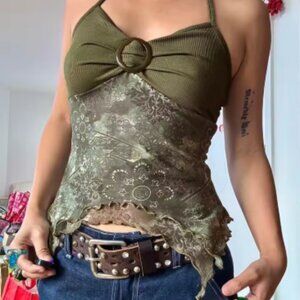 Retro Forest Green Vintage Backless Halter Tie Top For Women